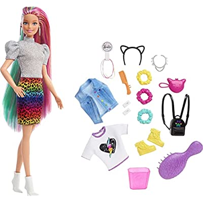 Barbie Leopard Rainbow Hair Doll with Color-Change Hair Feature, 16 Hair & Fashion Play Accessories