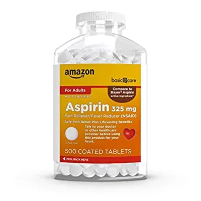 500 Ct Amazon Basic Care Aspirin Pain Reliever and Fever Reducer (NSAID), 325 mg