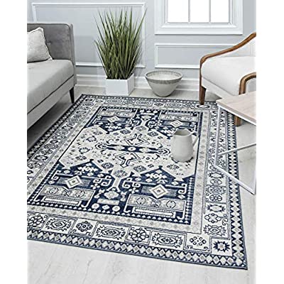 Rugs America Gallagher Collection, Navy Koti Transitional Vintage Area Rug 5’3″ x 7′