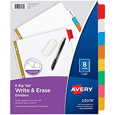 6 Set AVERY 8-Tab Binder Dividers, Write & Erase Multicolor Big Tabs