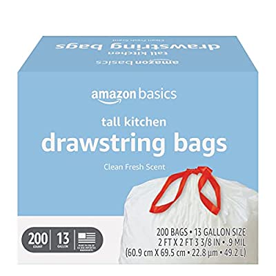 200 Ct Amazon Basics Tall Drawstring Trash Bags, 13 Gallon