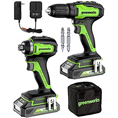 Greenworks 24V Max Cordless Brushless Drill + Impact + (2) 2.0Ah Batteries