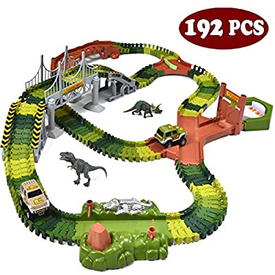 205 Pcs Flexible Train Track with 2 Race Cars and 2 Dinosaur toys