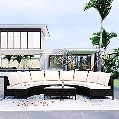 5 Pieces All-Weather Brown PE Rattan Wicker Half-Moon Sofas & Coffee Table