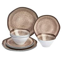 12-Pcs Melamine Dinnerware Set – Service for 4, Grey Glaze with Rustic Edge