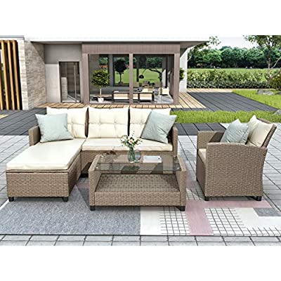 4 piece Wicker Ratten Conversation Sectional Patio Sofa with Tempered Glass Table