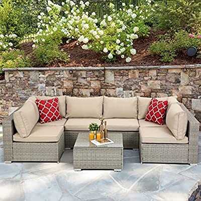 7 PCs PE Rattan Wicker Sectional Cushioned Patio Set (2 Pillows and Table)