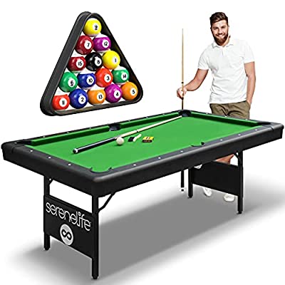 SereneLife 6-Ft Folding Pool Table – 2X Cue Sticks, Balls, Chalk, Brush