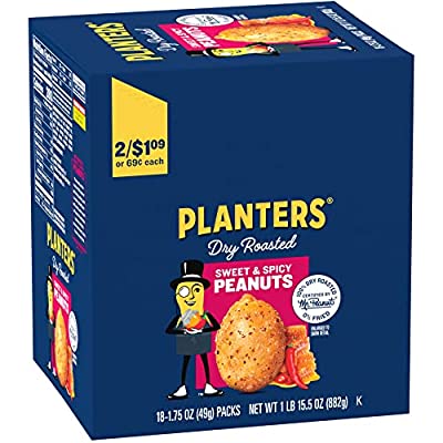 18 Pack Planters Sweet and Spicy Dry Roasted Peanuts, 1.75 oz.