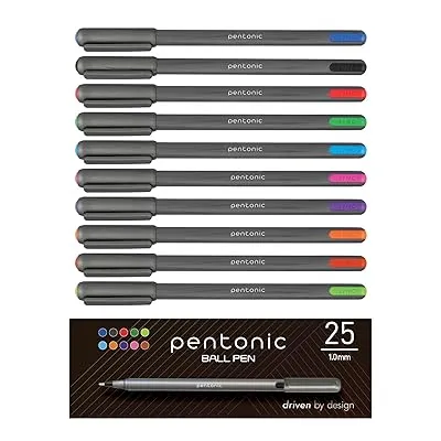 25 Pack Pentonic Ballpoint Pens, 10 Assorted Colors
