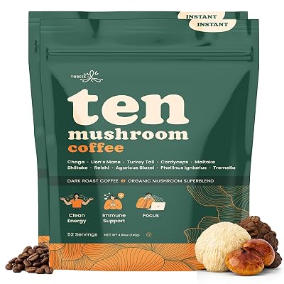 THREEE Ten Mushroom Instant Dark Roast Coffee, 52 Servings, Pack of 2 - $14.51 ($25.99)
