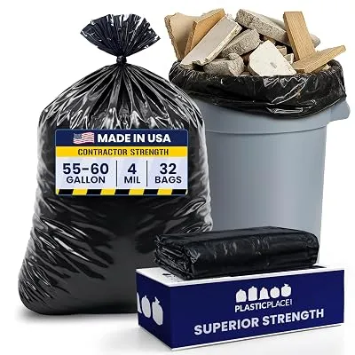 Plasticplace 55 Gallon Contractor Bags, Black, 38” x 58”
