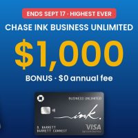 Chase Ink Business Unlimited: Highest-Ever $1,000 Bonus on a $0 Annual Fee Card (Ends Sept 17)