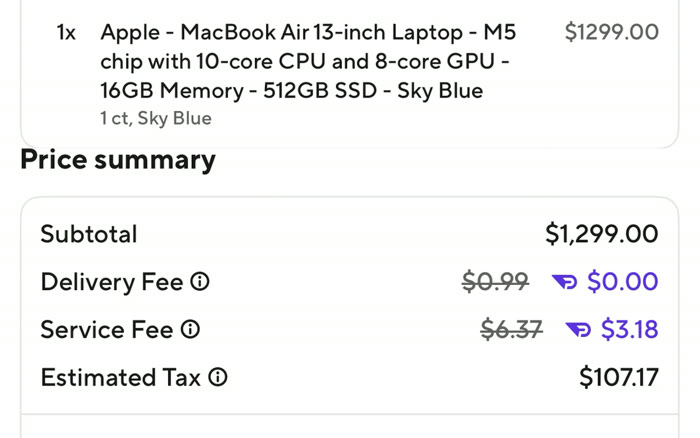 MacBook Air checkout in the DoorDash app with DashPass