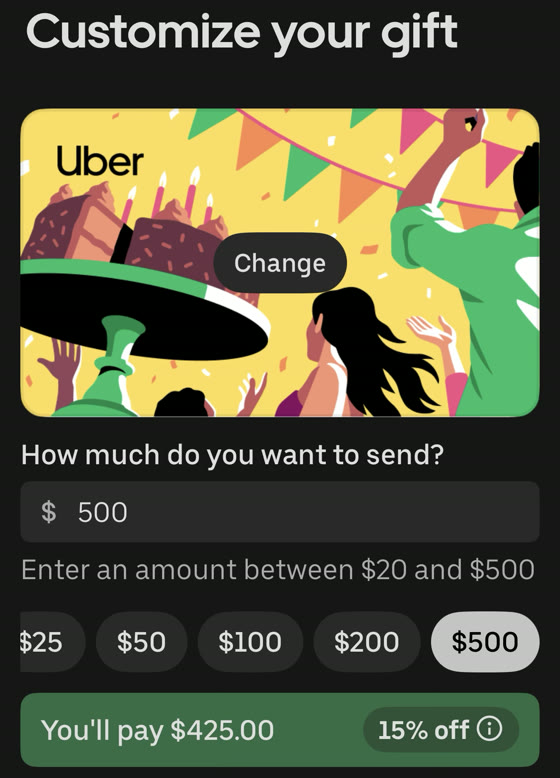 Uber app gift card screen showing $500 gift card, You'll pay $425.00, 15% off