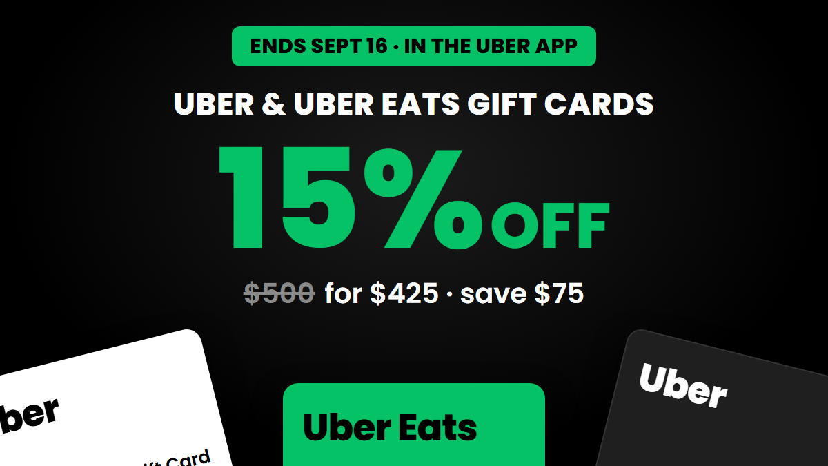 15 off - Save 15% on Uber & Uber Eats Gift Cards in the Uber App ($500 for $425)