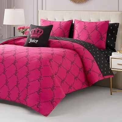 Juicy Couture Hot Pink/Black Link Logo Printed Comforter Set Queen - $63.37 ($104.84)