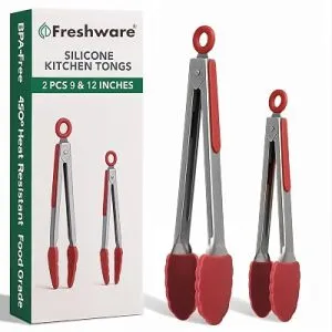 Freshware Stainless Steel Kitchen Tongs, 9″ & 12″ Silicone Tongs