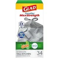 Glad Gain ForceFlex MaxStrength Tall Kitchen Trash Bags 13 Gal 34 Ct